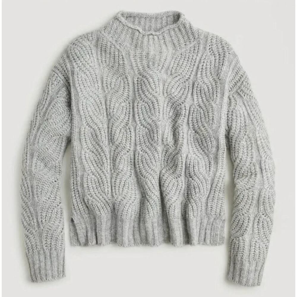J. Crew Pointelle Cable Knit Sweater Medium Gray Mockneck Alpaca Blend Cottage